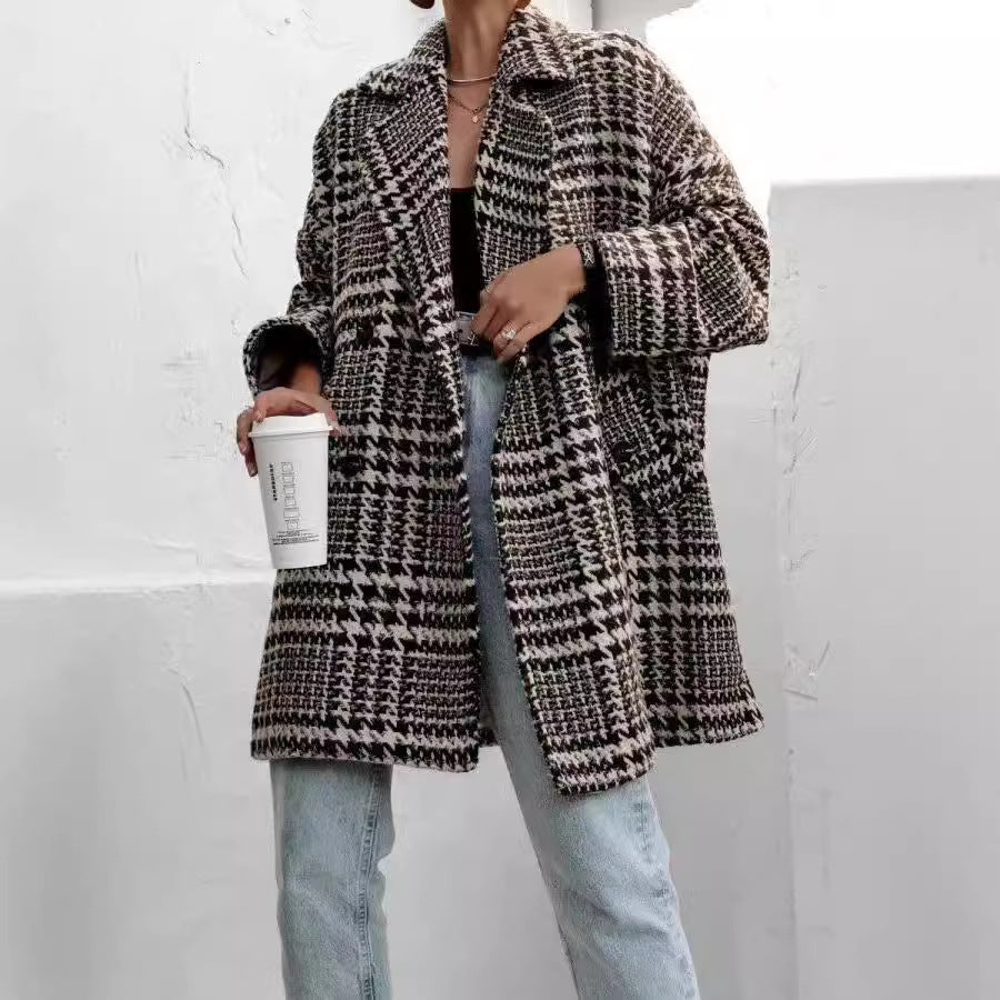 LIZAKOSHT  -  Houndstooth Collared Neck Long Sleeve Coat with Pockets