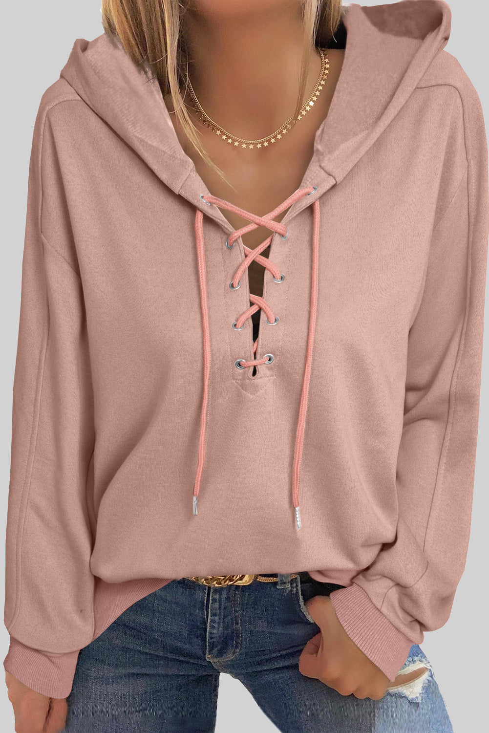LIZAKOSHT  -  Lace Up Long Sleeve Hoodie