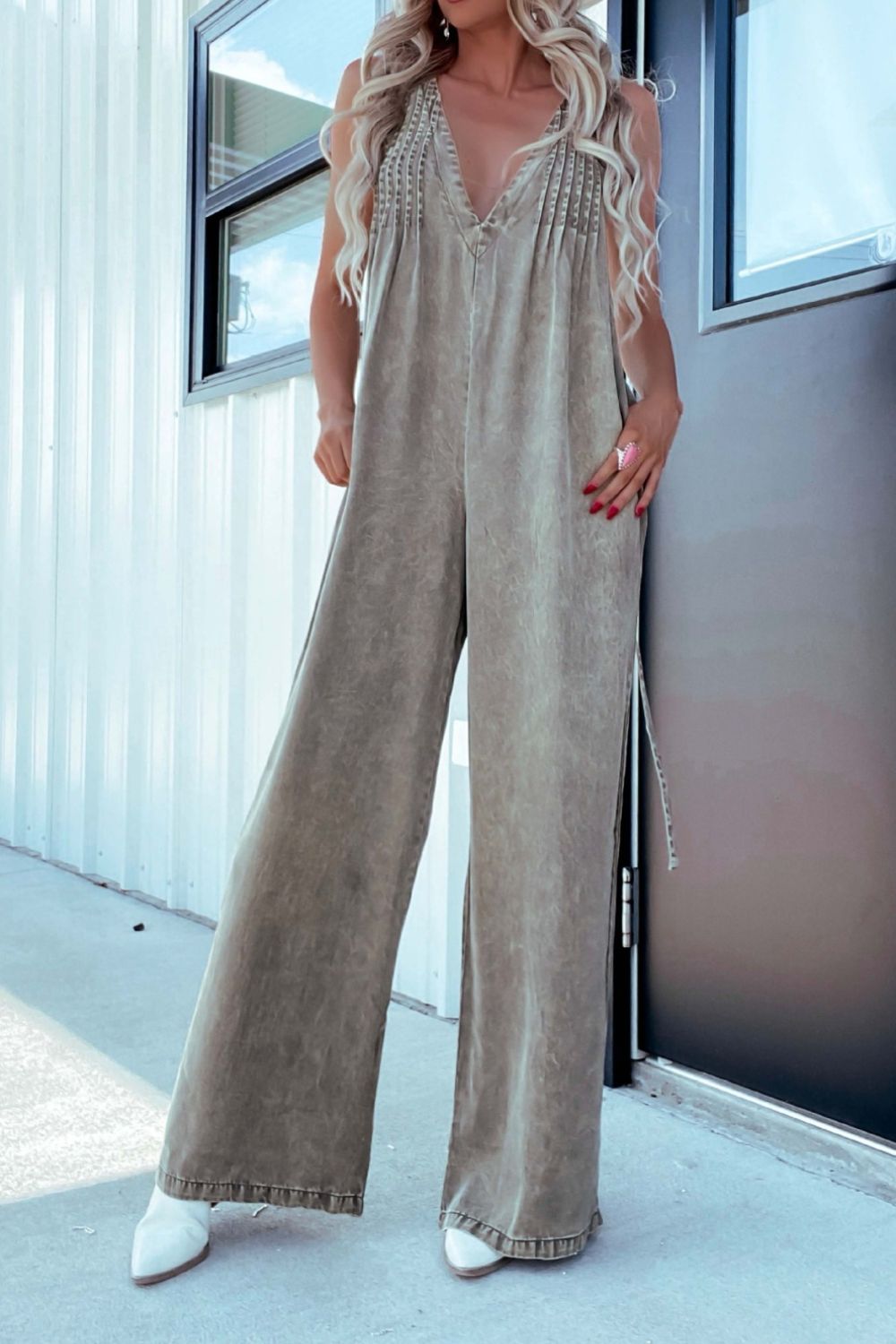 LIZAKOSHT  -  V-Neck Wide Leg Denim Jumpsuit