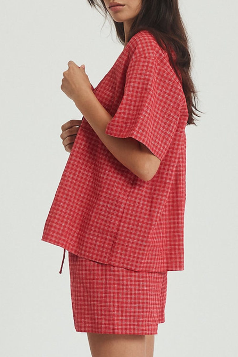 LIZAKOSHT  -  Plaid Tied Scoop Neck Short Sleeve Top and Drawstring Shorts Set