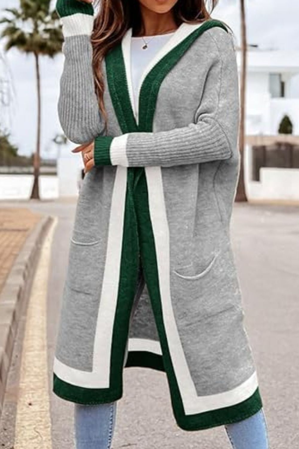LIZAKOSHT  -  Pocketed Contrast Long Sleeve Hooded Cardigan