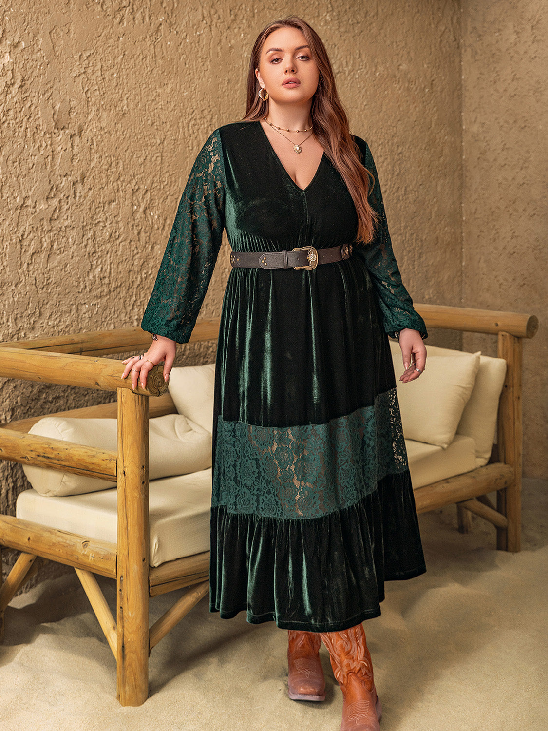 LIZAKOSHT  -  Plus Size Lace Patchwork V-Neck Balloon Sleeve Midi Dress