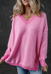 LIZAKOSHT  -  Striped V-Neck Dropped Shoulder Sweater