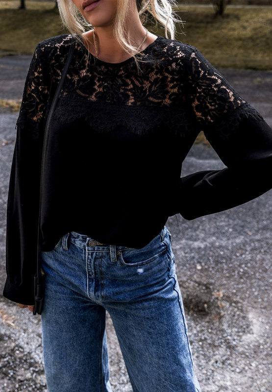 LIZAKOSHT  -  Lace Detail Round Neck Long Sleeve Blouse