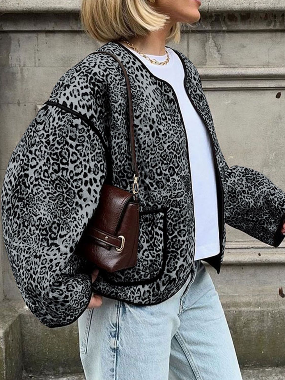 LIZAKOSHT  -  Perfee Leopard Open Front Long Sleeve Jacket