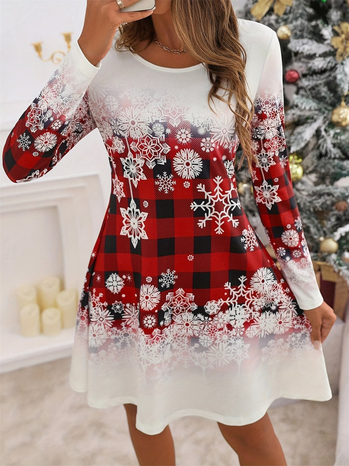 LIZAKOSHT  -  Snowflakes Plaid Round Neck Long Sleeve Dress