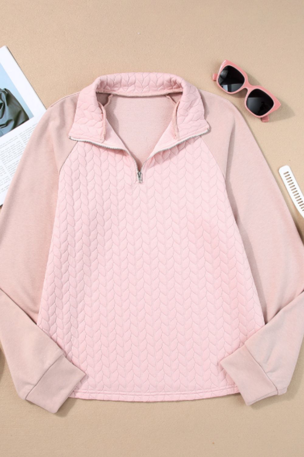 LIZAKOSHT  -  Textured Quarter Zip Long Sleeve Sweatshirt