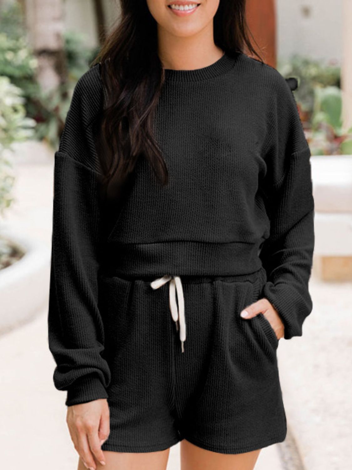 LIZAKOSHT  -  Ribbed Round Neck Long Sleeve Top and Shorts Set