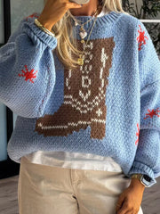 LIZAKOSHT  -  Boot Pattern Round Neck Dropped Shoulder Sweater