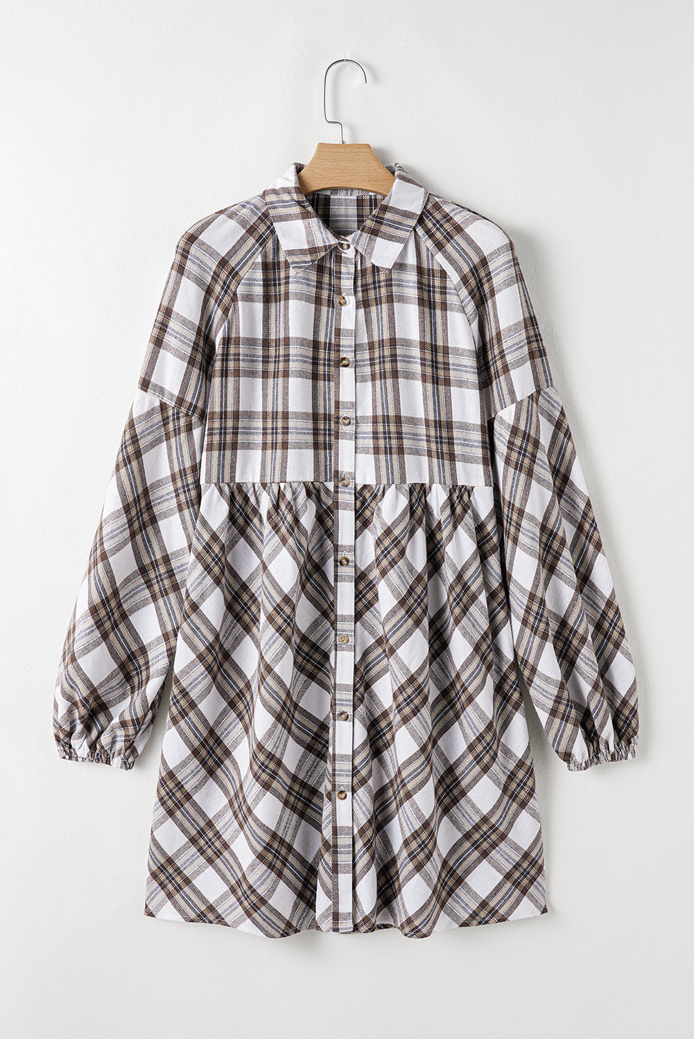 LIZAKOSHT  -  Full Size Plaid Collared Neck Balloon Sleeve Mini Shirt Dress
