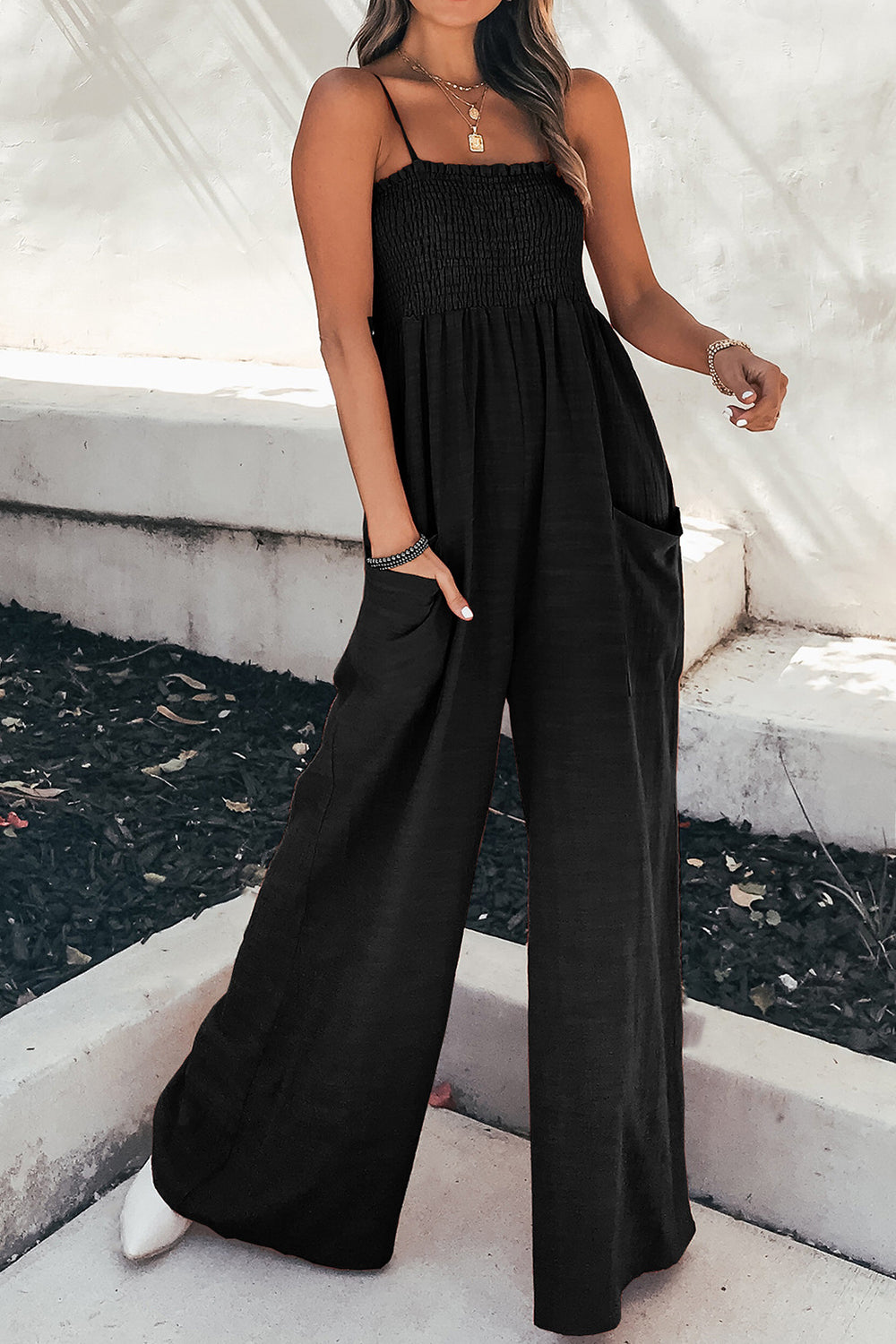 LIZAKOSHT  -  Smocked Spaghetti Strap Wide Leg Jumpsuit