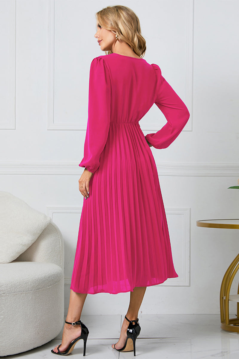 LIZAKOSHT  -  V-Neck Long Sleeve Tie Waist Midi Dress