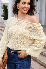 LIZAKOSHT  -  Openwork Boat Neck Raglan Sleeve Knit Top