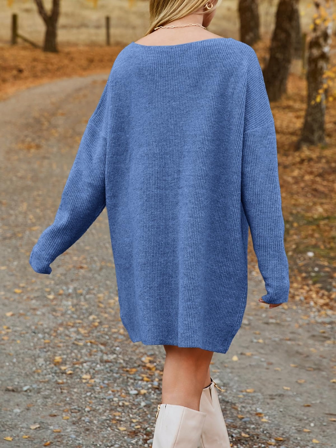 LIZAKOSHT  -  V-Neck Dropped Shoulder Sweater Dress