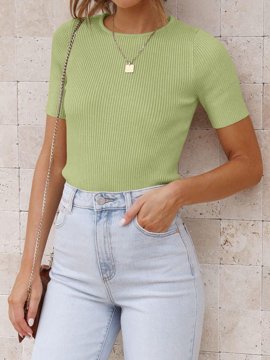 LIZAKOSHT  -  Ribbed Round Neck Short Sleeve Knit Top
