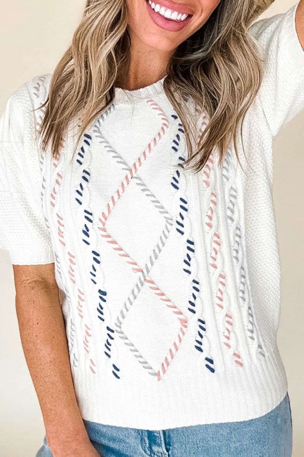 LIZAKOSHT  -  Cable Knit Round Neck Half Sleeve Sweater