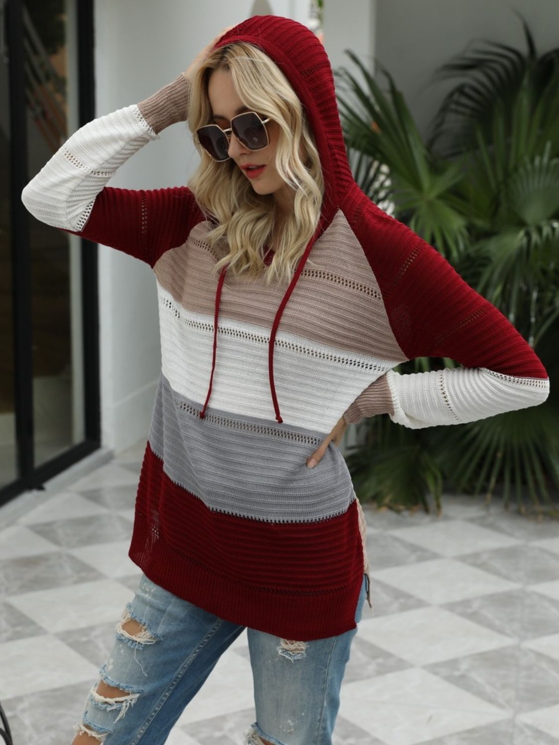 LIZAKOSHT  -  Drawstring Contrast Long Sleeve Hooded T-Shirt