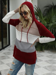 LIZAKOSHT  -  Drawstring Contrast Long Sleeve Hooded T-Shirt