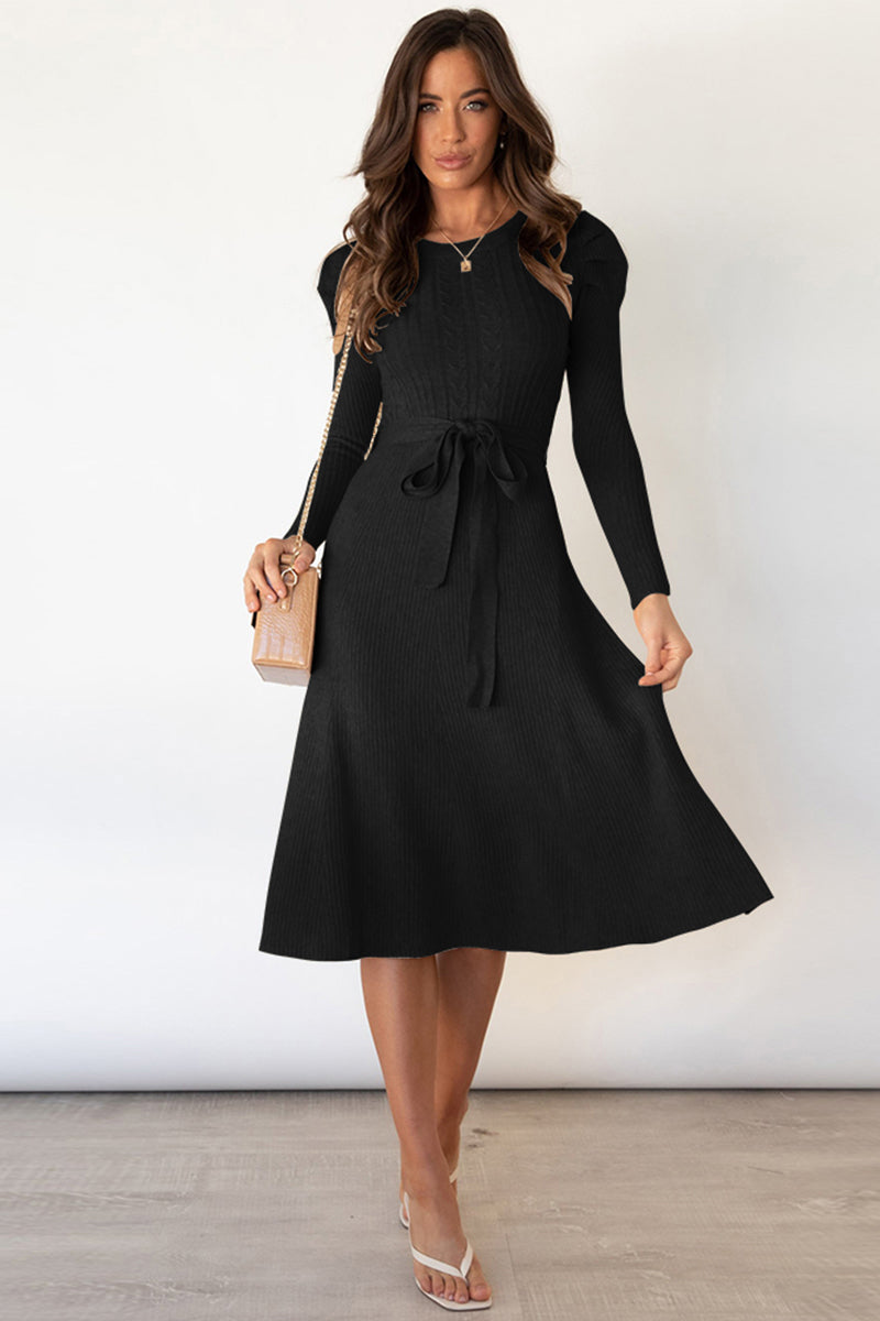 LIZAKOSHT  -  Round Neck Long Sleeve Tie Waist Sweater Dress