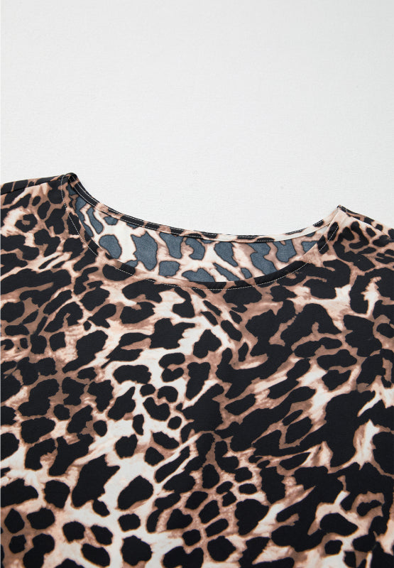 LIZAKOSHT  -  Contrast Trim Leopard Round Neck Top and Pants Lounge Set