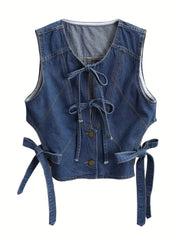 LIZAKOSHT  -  Women's Dark Denim Sleeveless Vest - Casual Spring/Summer Outerwear, Washed Jean Jacket with Adjustable Tie-Front, Functional Pockets, Outdoor Attire | Adjustable Front Tie | Woven Denim Texture