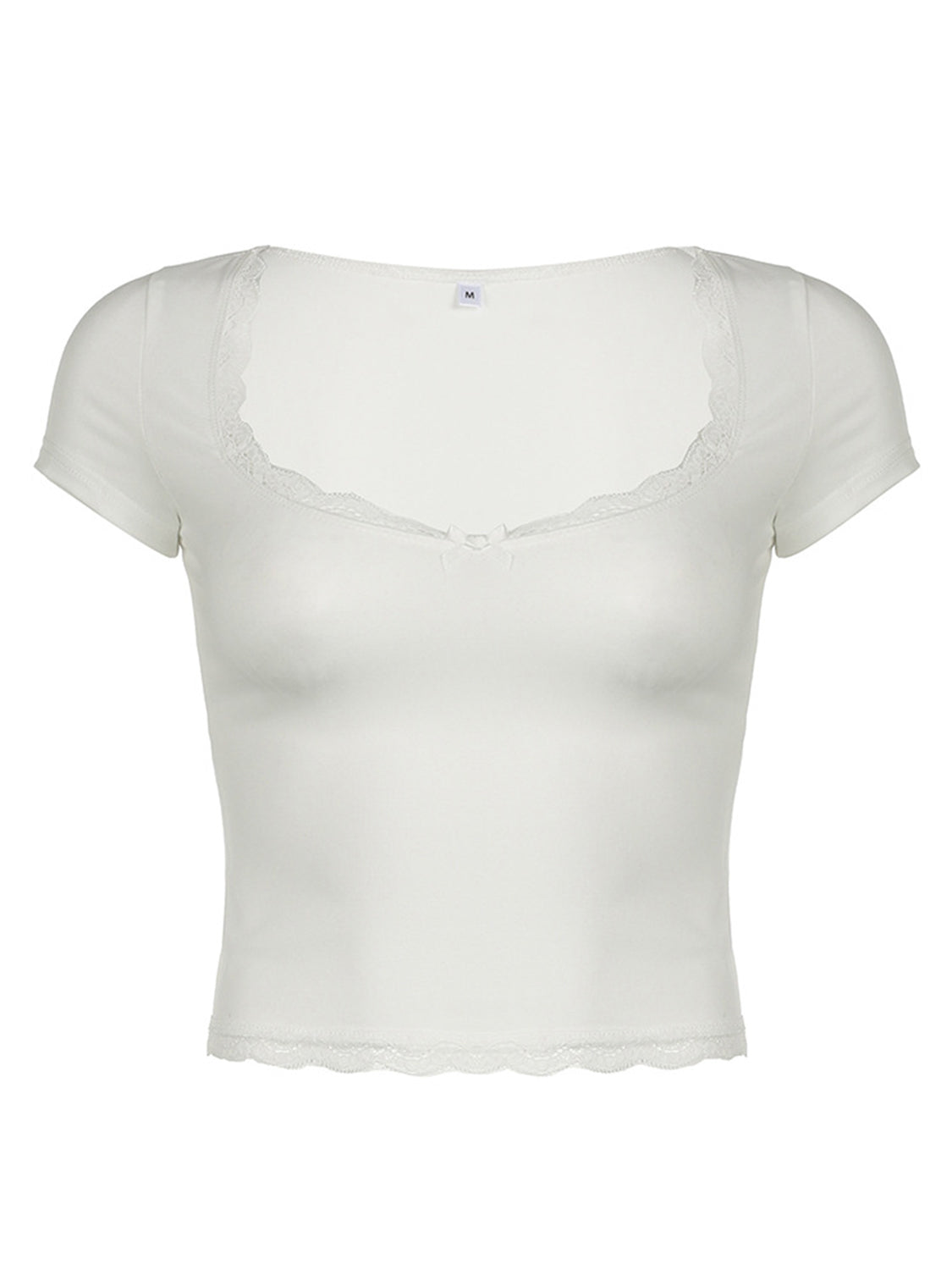 LIZAKOSHT  -  Lace Detail Sweetheart Neck Short Sleeve T-Shirt
