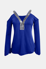 LIZAKOSHT  -  Sequin V-Neck Cold Shoulder Top