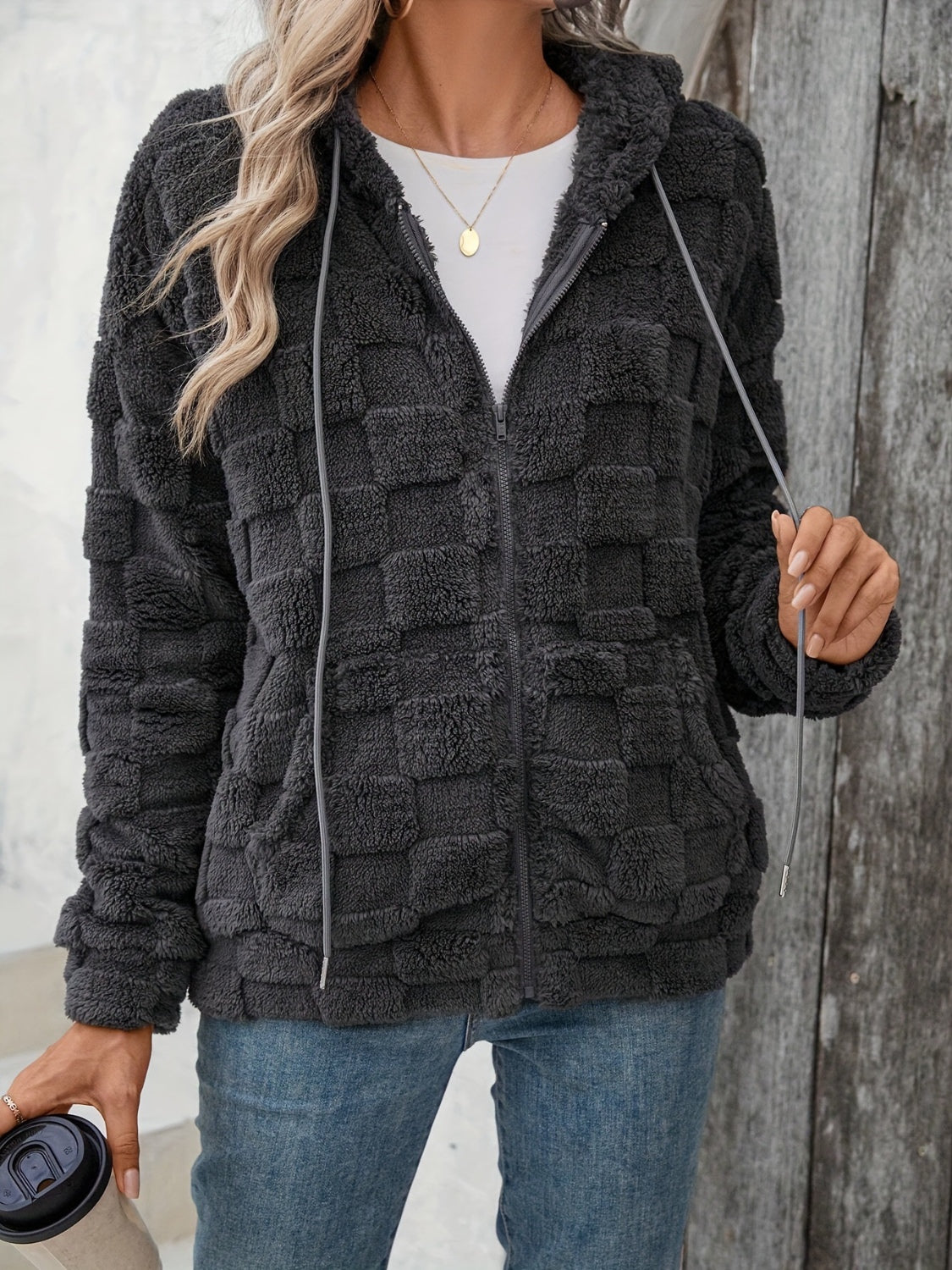 LIZAKOSHT  -  Checkered Texture Zip Up Drawstring Fuzzy Jacket