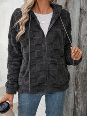 LIZAKOSHT  -  Checkered Texture Zip Up Drawstring Fuzzy Jacket
