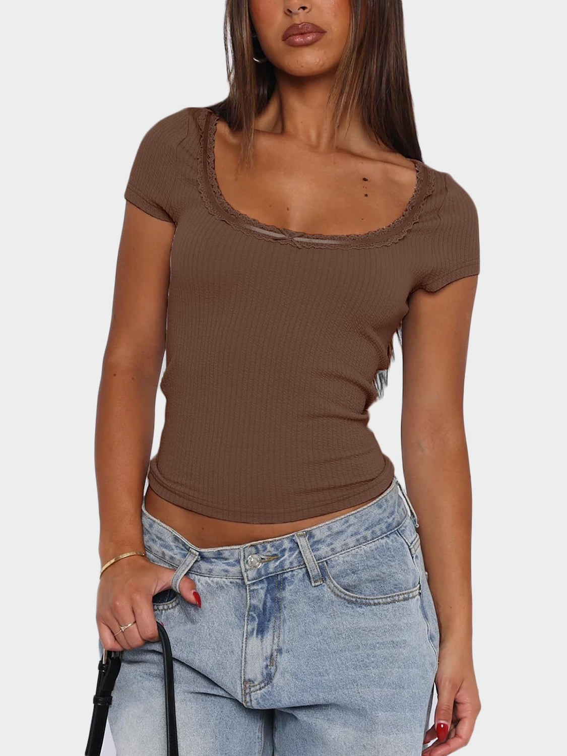 LIZAKOSHT  -  Lace Detail Scoop Neck Short Sleeve T-Shirt