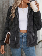 LIZAKOSHT  -  Checkered Texture Zip Up Drawstring Fuzzy Jacket