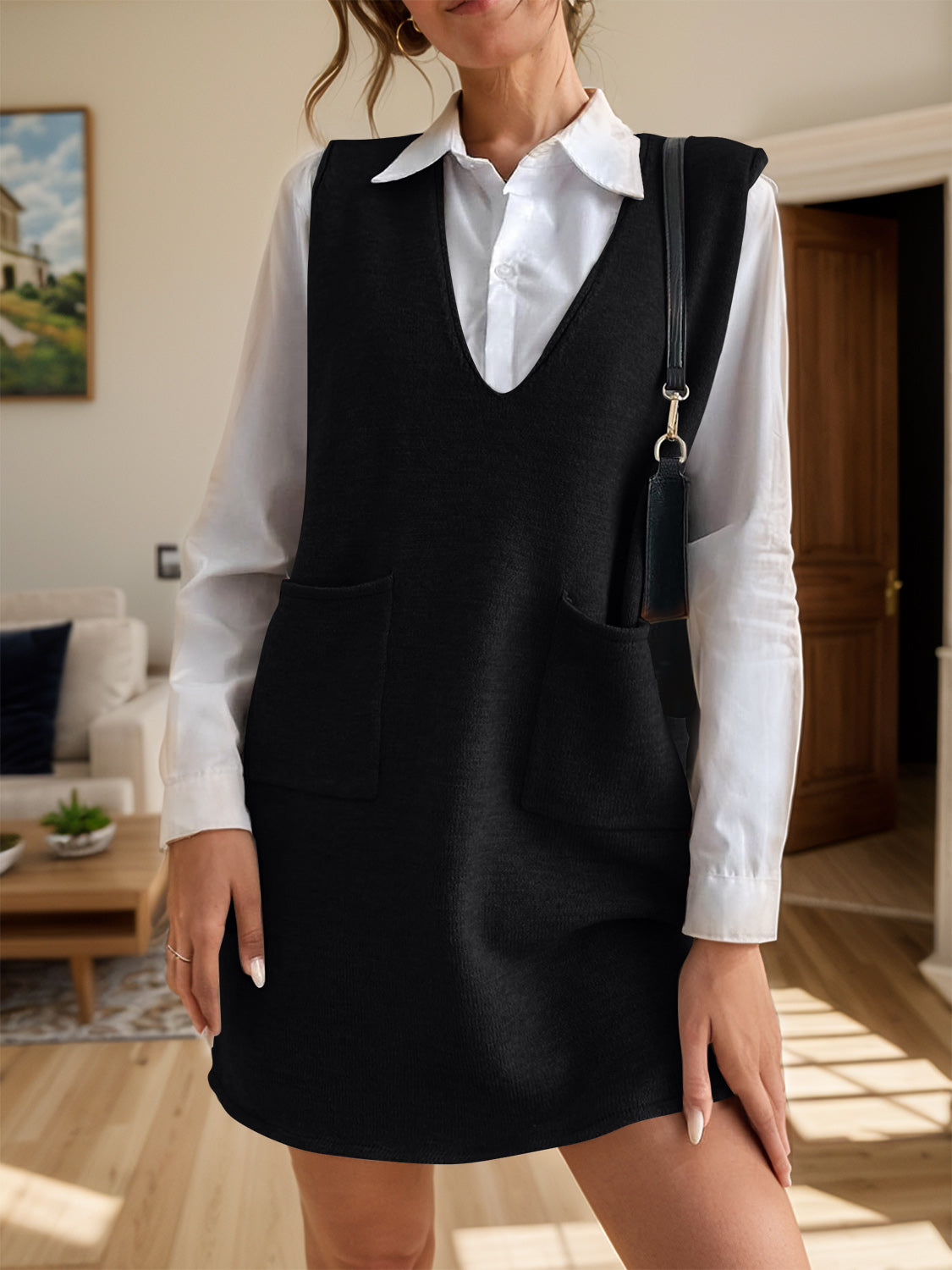 LIZAKOSHT  -  V-Neck Sleeveless Sweater Dress with Pockets