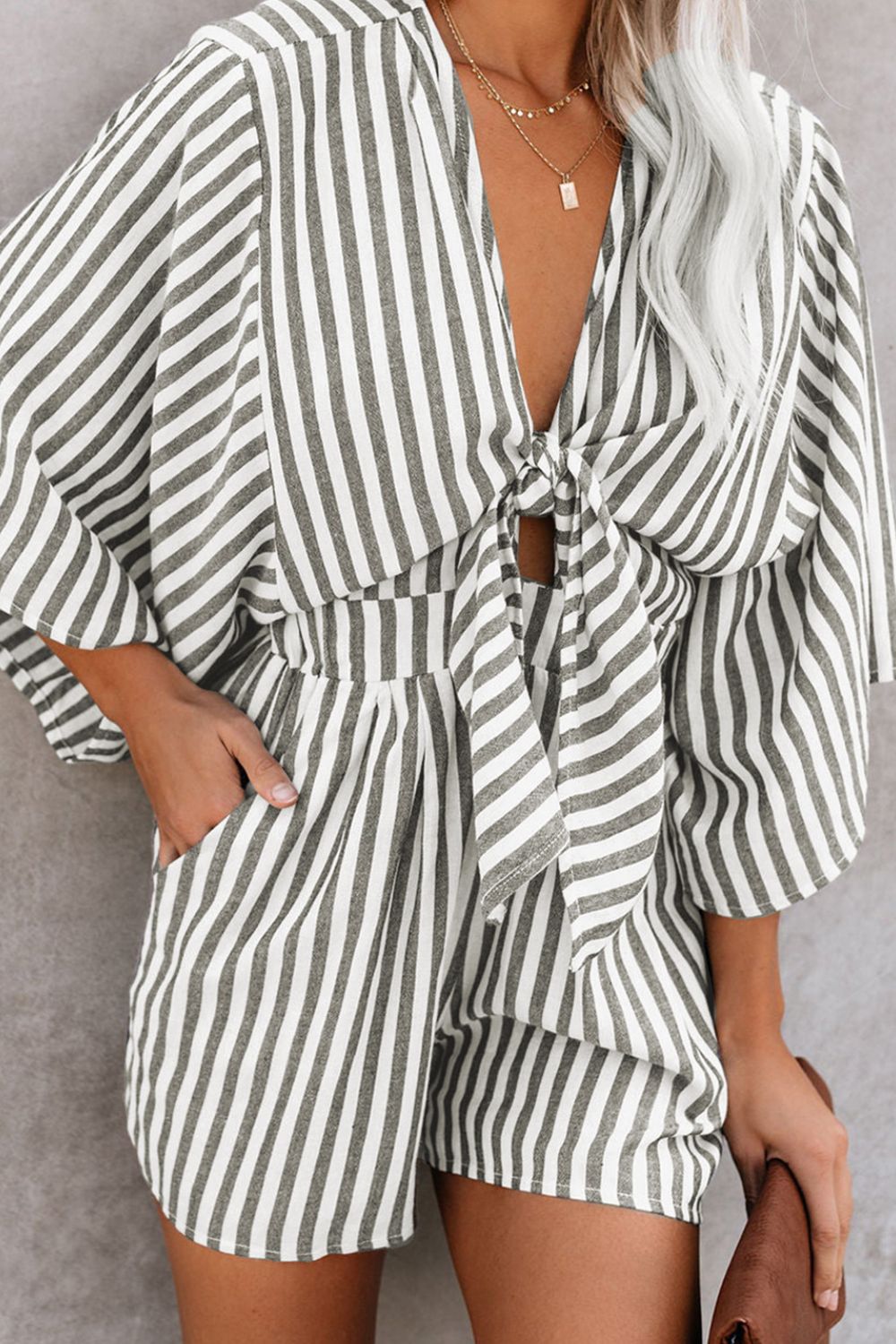 LIZAKOSHT  -  Bow Striped Kimono Sleeve Romper