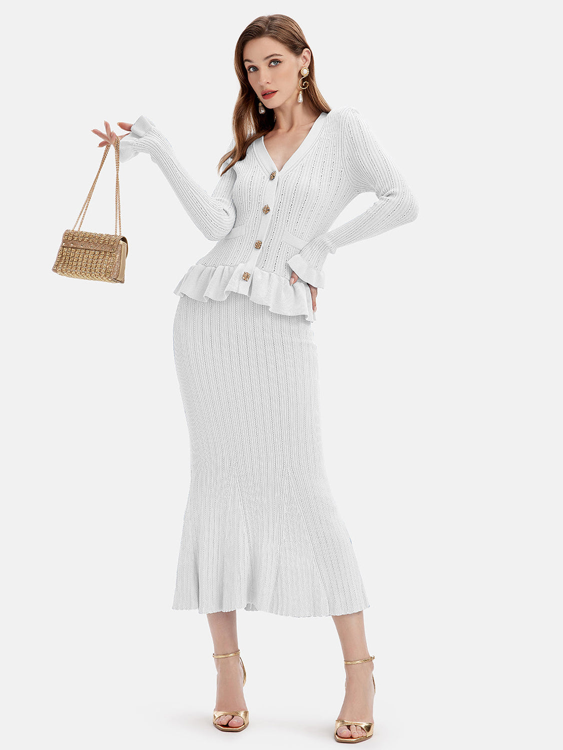 LIZAKOSHT  -  Ruffled V-Neck Top and Midi Skirt Sweater Set