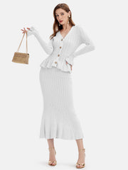 LIZAKOSHT  -  Ruffled V-Neck Top and Midi Skirt Sweater Set