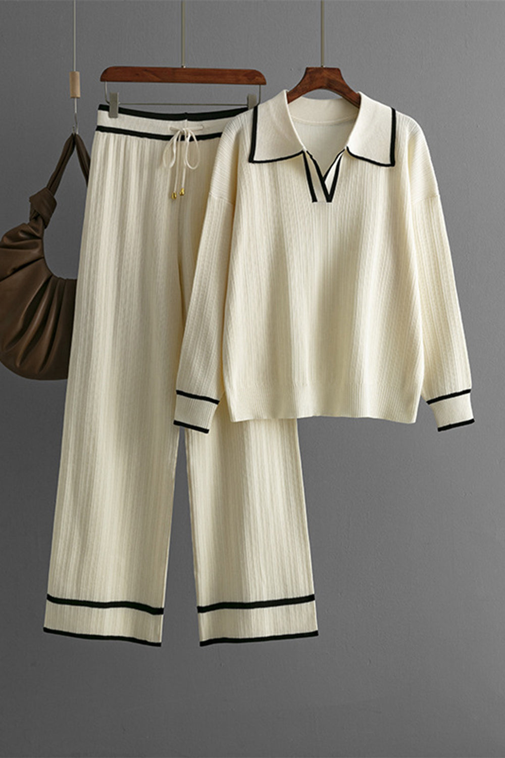 LIZAKOSHT  -  Contrast Trim Johnny Collar Top and Drawstring Pants Sweater Set