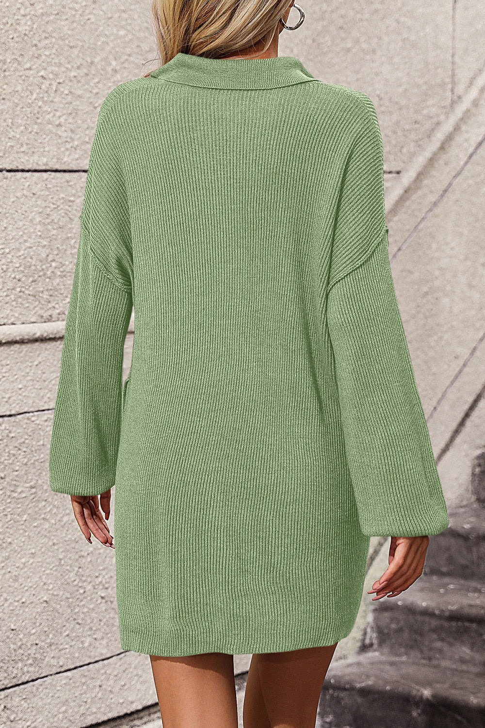 LIZAKOSHT  -  Collared Neck Long Sleeve Sweater Dress with Pockets
