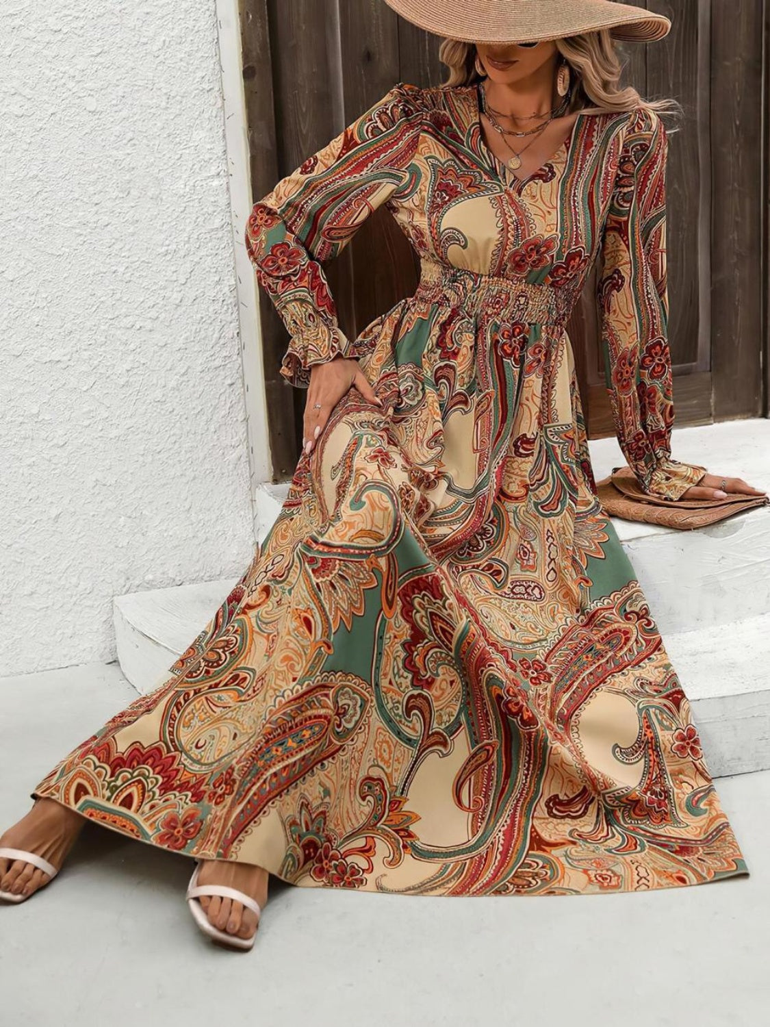 LIZAKOSHT  -  Smocked Printed V-Neck Flounce Sleeve Dress
