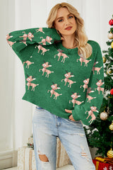 LIZAKOSHT  -  Reindeer Round Neck Drop Shoulder Sweater