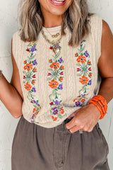LIZAKOSHT  -  Embroidered Cable-Knit Round Neck Sweater Vest