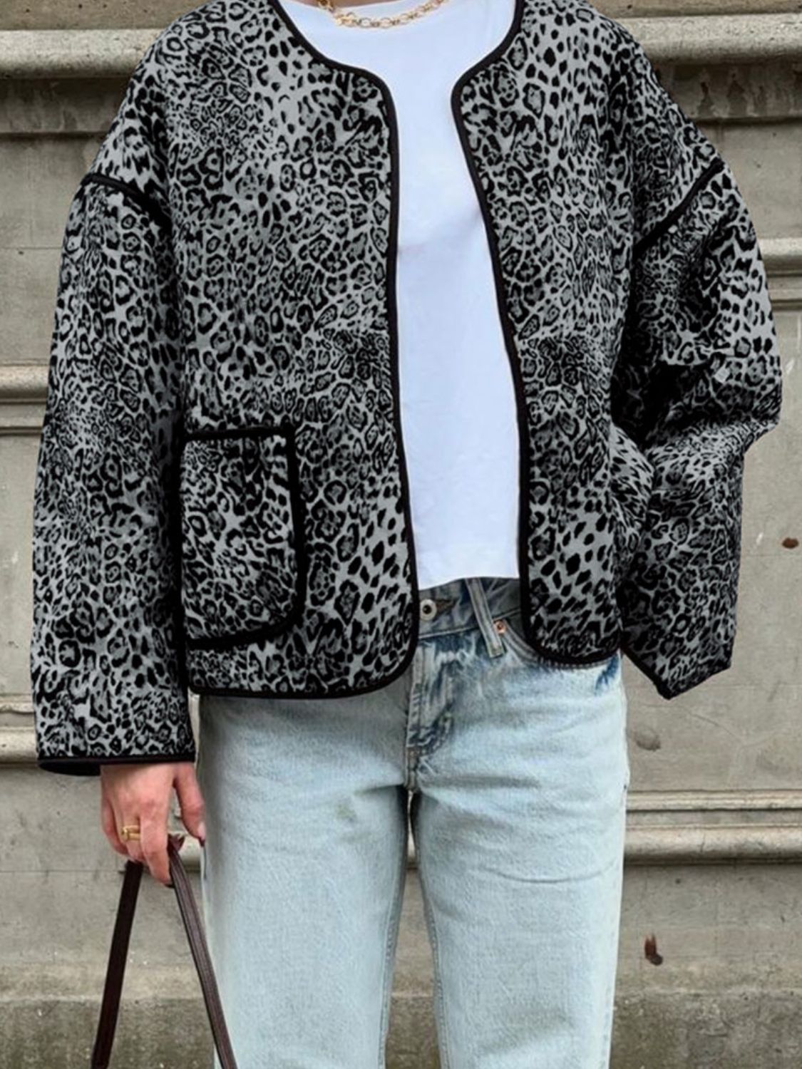 LIZAKOSHT  -  Perfee Leopard Open Front Long Sleeve Jacket