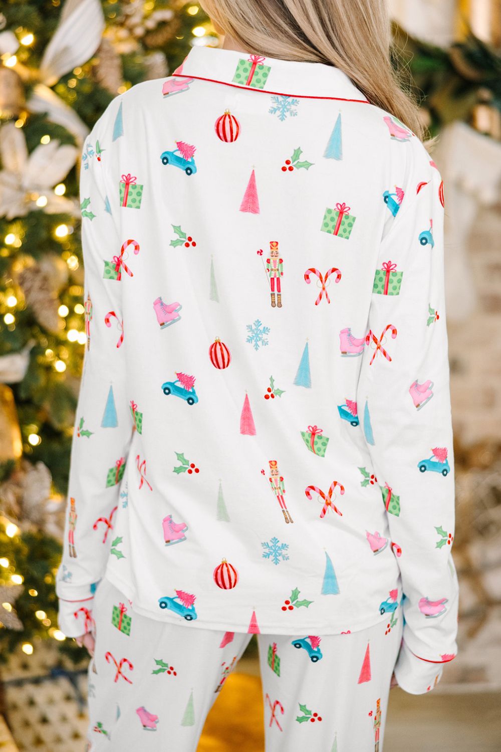 LIZAKOSHT  -  Christmas Printed Collared Neck Top and Pants Lounge Set