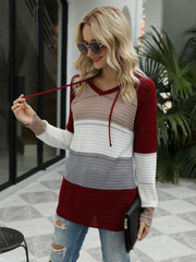 LIZAKOSHT  -  Drawstring Contrast Long Sleeve Hooded T-Shirt
