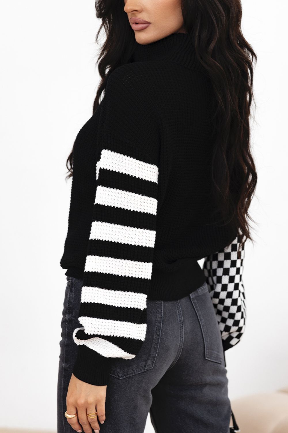 LIZAKOSHT  -  Striped & Checkered Turtleneck Dropped Shoulder Sweater