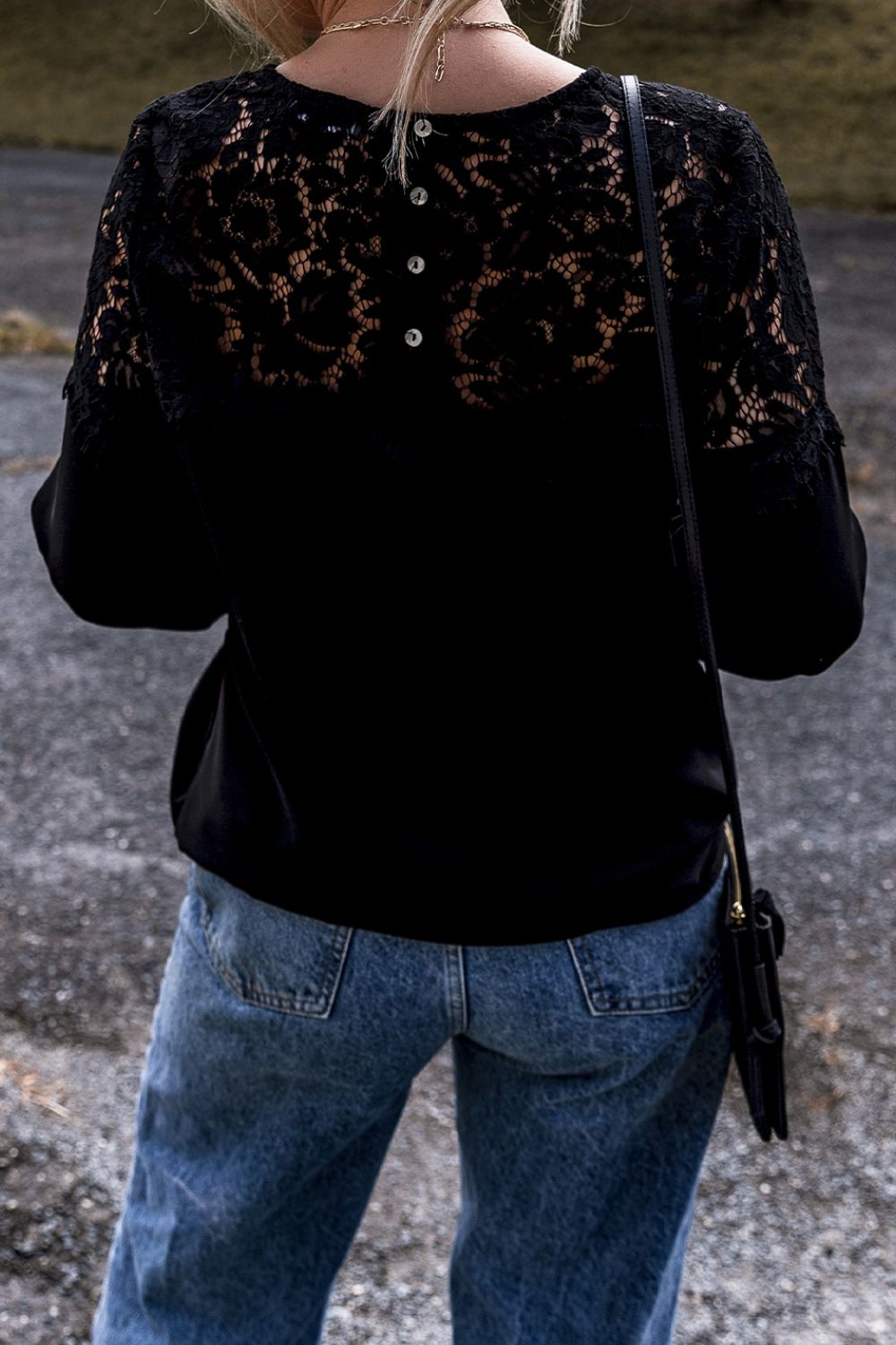 LIZAKOSHT  -  Lace Detail Round Neck Long Sleeve Blouse