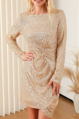 LIZAKOSHT  -  Sequin Knot Round Neck Long Sleeve Mini Dress