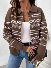 LIZAKOSHT  -  Perfee Geometric Zip Up Collared Neck Long Sleeve Cardigan
