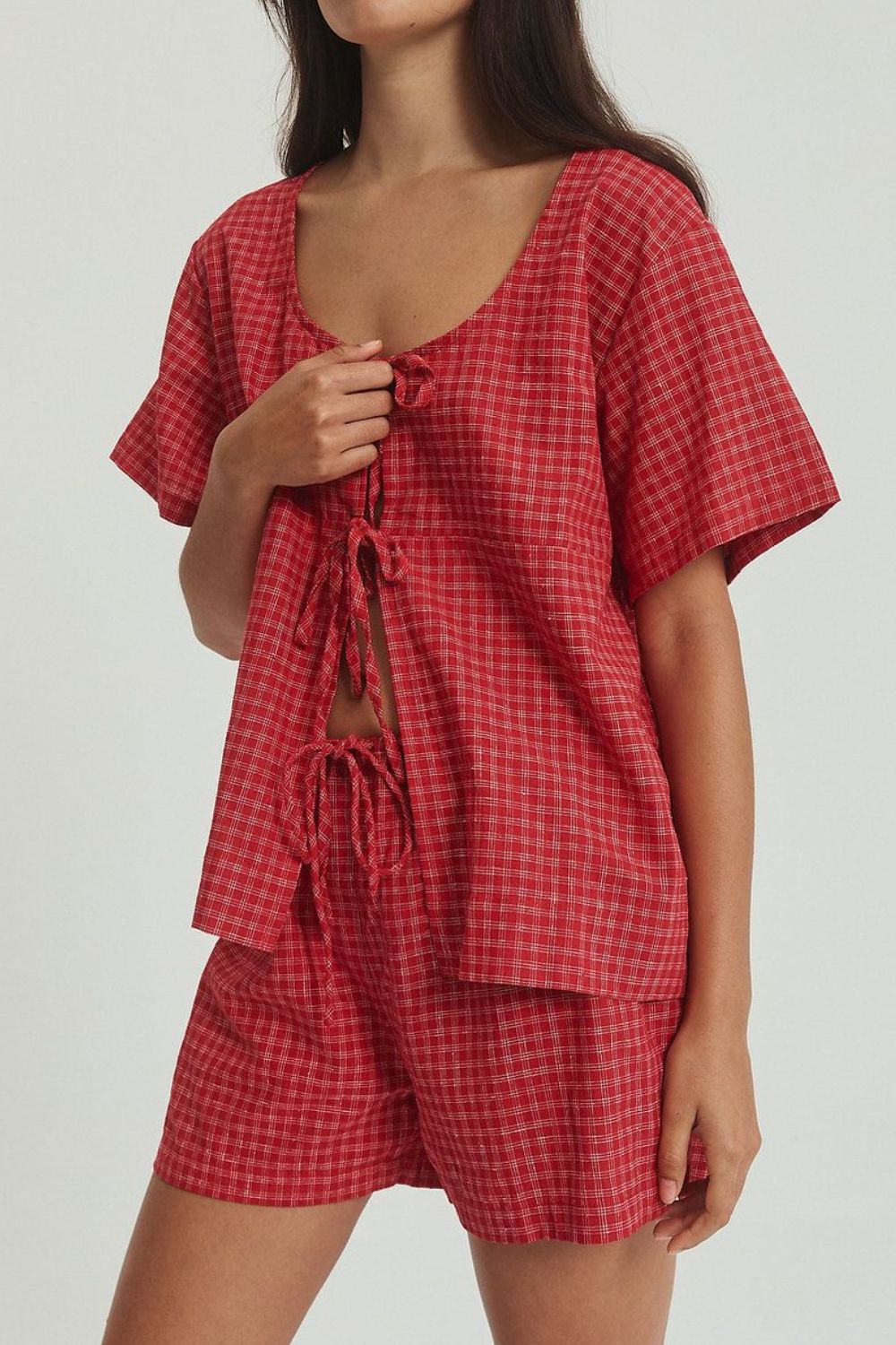 LIZAKOSHT  -  Plaid Tied Scoop Neck Short Sleeve Top and Drawstring Shorts Set