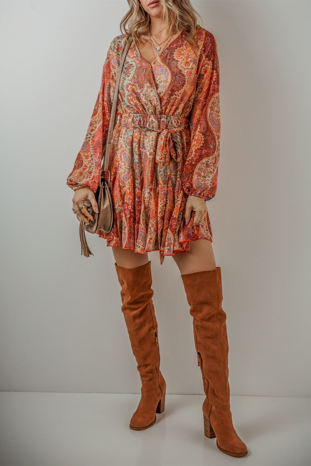 LIZAKOSHT  -  Tied Printed Balloon Sleeve Mini Dress