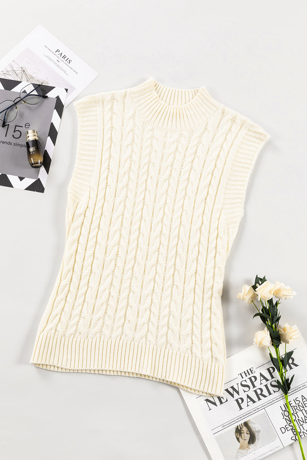 LIZAKOSHT  -  Cable Knit Turtleneck Sweater Vest